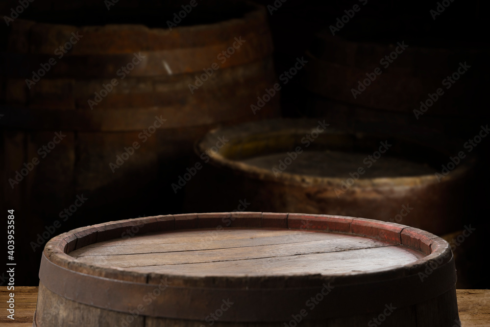 background of barrel and worn old table of wood background of barrel and worn old table of wood