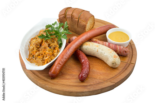 Restaurant service concept. Assorted German sausages. Isolated. photo