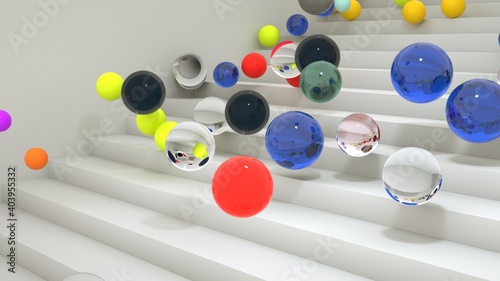 3D screensaver, bubbles of different colors and sizes are rolling. Volumetric bubbles on the steps, decorative design elements.