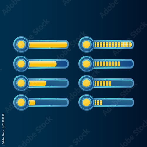 set of fantasy blue glossy gui golden currency coin progress bar for game ui asset elements vector illustration