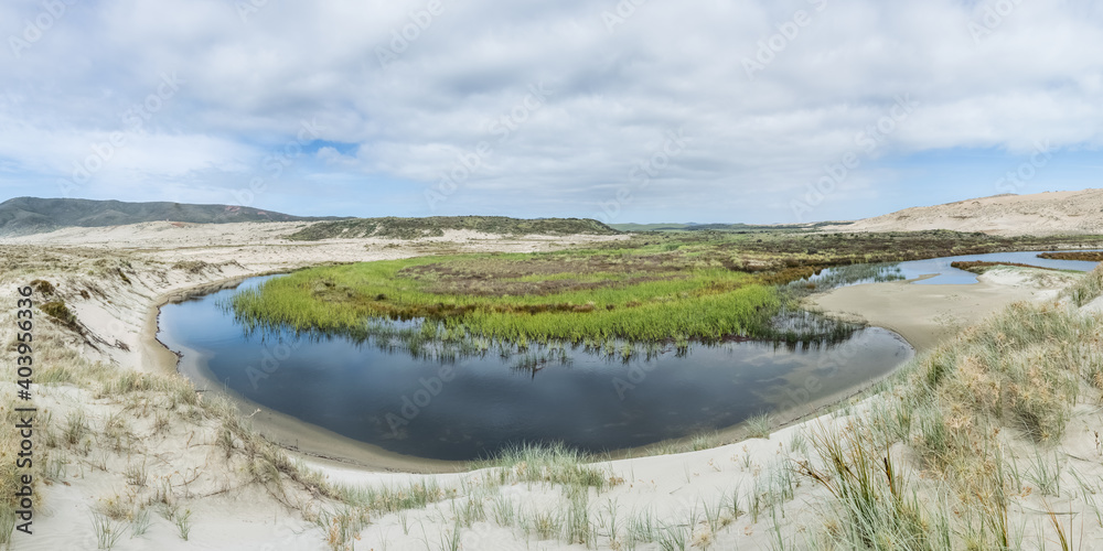Small lake surrounded by sand dunes on the Twilight Te Werahi Loop Trail in Northland on the north island of New Zealand Small lake surrounded by sand dunes on the Twilight Te Werahi Loop Trail in Northland on the north island of New Zealand