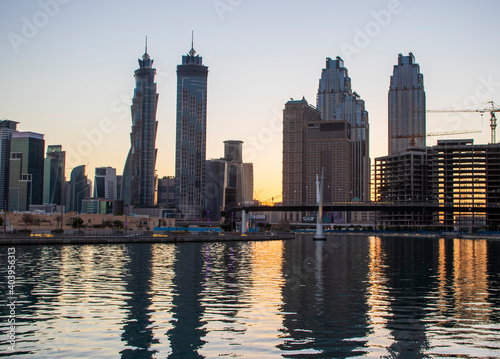 Dubai, UAE - 01.08.2021 View of the Dubai city skyline at Dubai Water Canal. Business Bay district. Outdoors