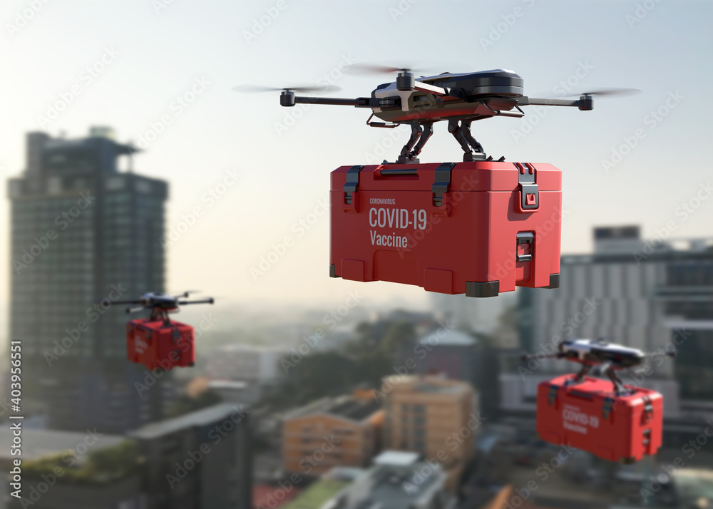 Drones deliver the COVID-19 vaccine into the city. Drones deliver the COVID-19 vaccine into the city.
