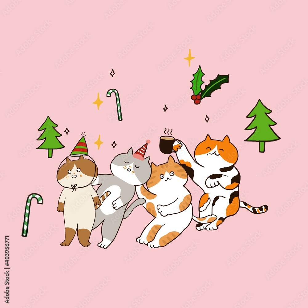4 cats with a different appearance are enjoying their christmas holiday on a pink blackground with some christmas trees