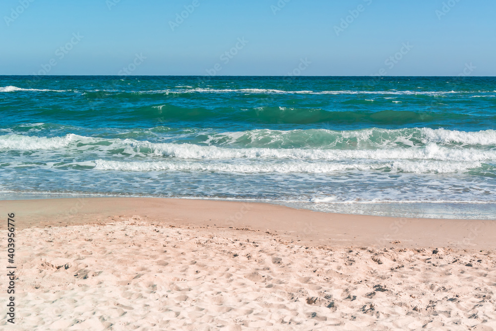 Landscape of sandy coast and sea with waves