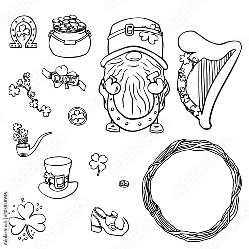 Saint Patrick s Day traditional symbols collection. Irish music, flags, beer mugs, clover, pub decoration, rainbow, leprechaun hat, pot of gold coins.