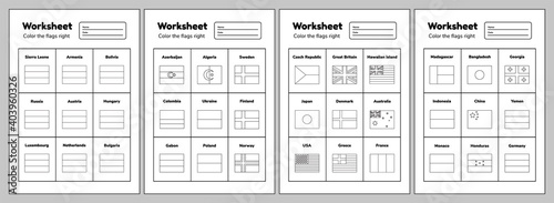 Set worksheet on geography for preschool and school kids. Color the flags right. Coloring page.