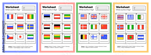 Set worksheet on geography for preschool and school kids. What country flag. With answers.