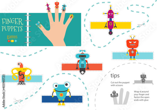 Finger puppet vector robots. Cut and glue educational worksheet for preschool or school kids