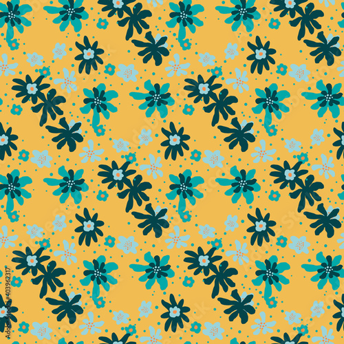 Vintage seamless doodle pattern with random blue flowers ornament. Orange background.