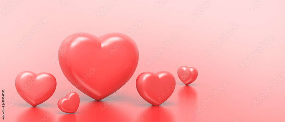 Love Valentine's day on Red Background and Red hearts showing Concept. banner for greeting card ,Copy Space - 3d rendering