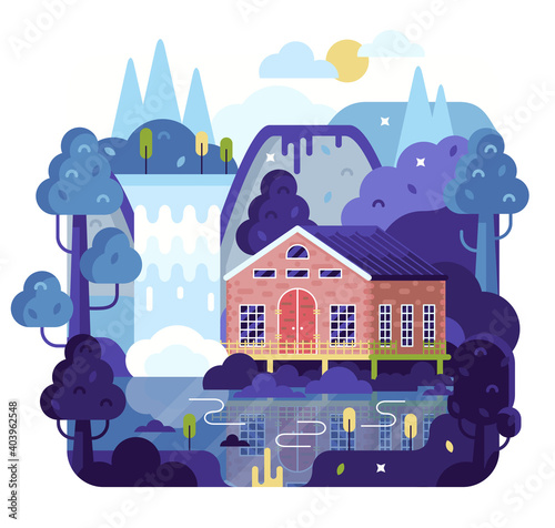 Vector cartoon illustration house on stilts stands on the shore of a lake, waterfall and mountains in flat cartoon stile