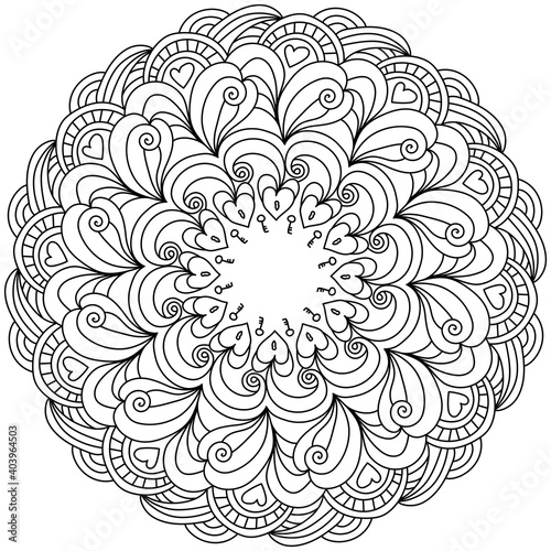 Contour mandala with hearts and key  zen coloring page with ornate patterns for Valentine s day