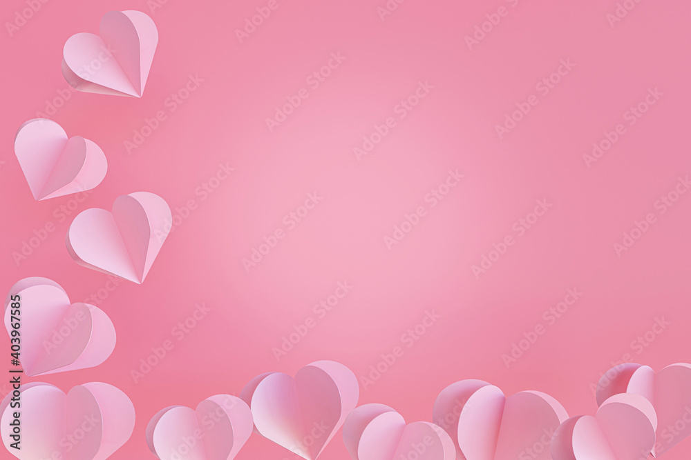 Paper elements in shape of heart flying on pink background. symbols of love, Mother's, Valentine's Day, birthday greeting card design. 3d redering