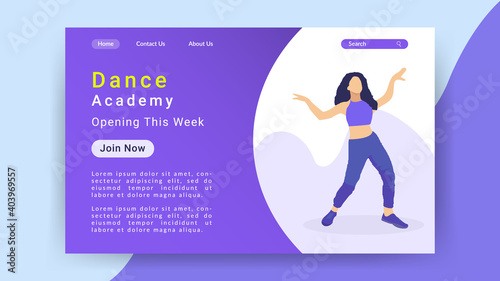 Dancing academy opening landing page UI design with a cartoon character