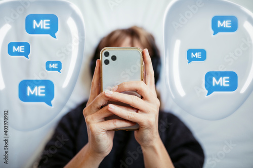 Social addicted woman texting with speech bubbles graphic