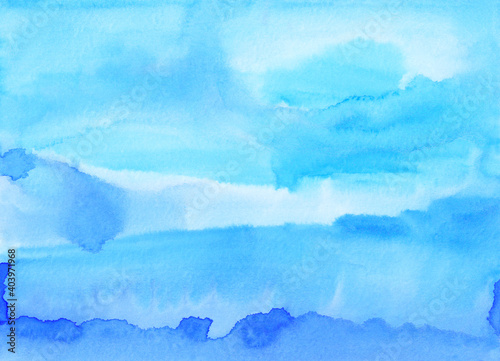Watercolor light azure blue background painting. Watercolour calm blue stains on paper. Artistic liquid backdrop.