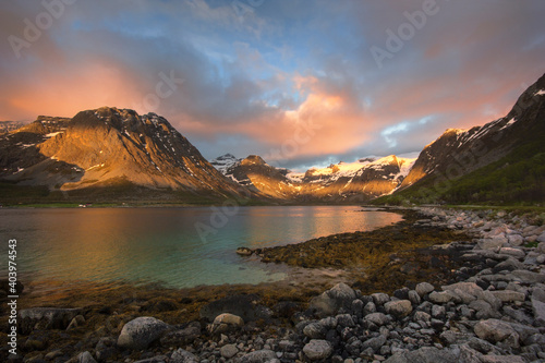 Midnight sun light in Grotfjord, northern Norway