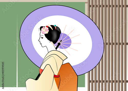 和傘をさす舞妓の横顔　暖簾　格子戸