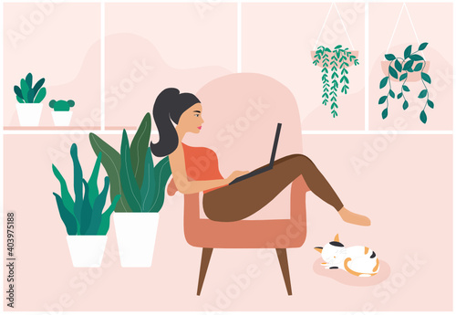 Beautiful woman sitting on sofa working online in home vector illustration. Work from home, working online, freelance  and new normal concept