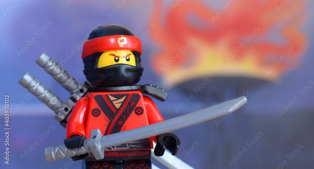 Editorial illustrative image of lego red ninja minifigure Kai on defocused  background Stock Photo | Adobe Stock