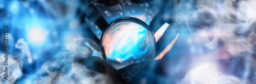 Astrological background. Crystal ball with predictions. Horoscope of the stars. Fortune telling and determination of fate. Soothsayer with a crystal ball.