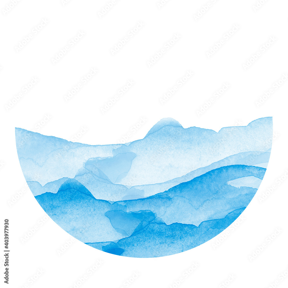 Abstract watercolor stain, blot. Blue color on white isolated background. Round shape, for the logo, for your design, postcard. Beautiful art background. Blue sky. Abstract landscape. Blue wave