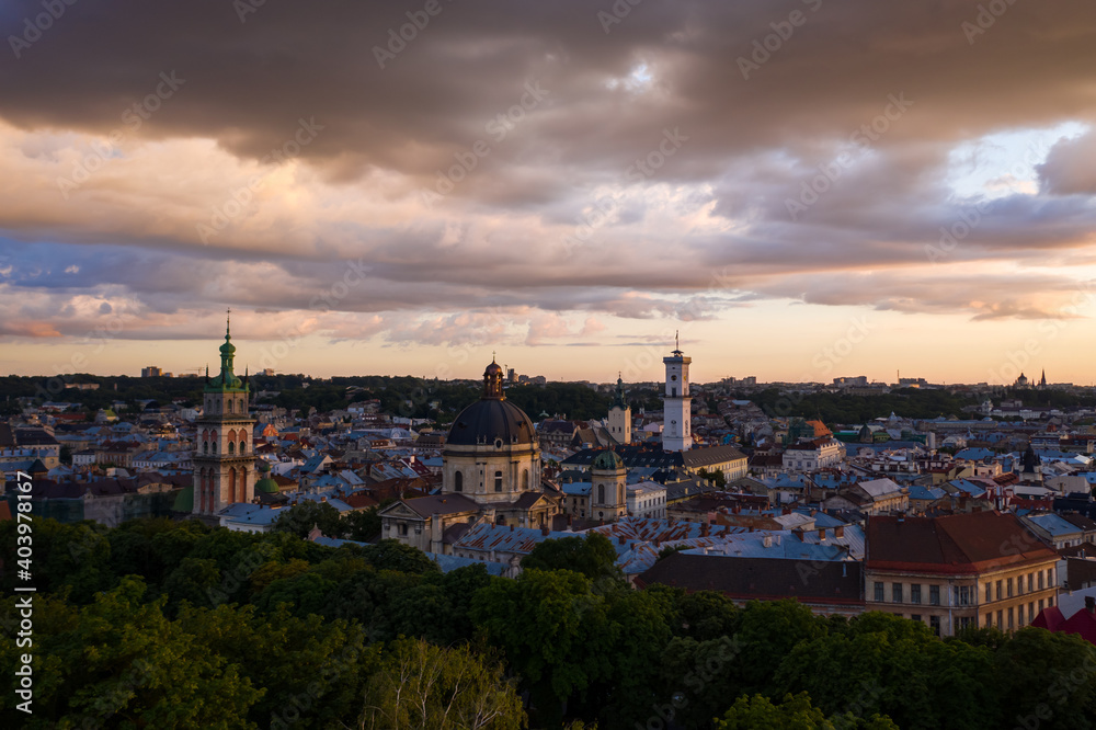  Aerial view on Dominican Church and Dormition Church in Lviv, Ukraine from drone