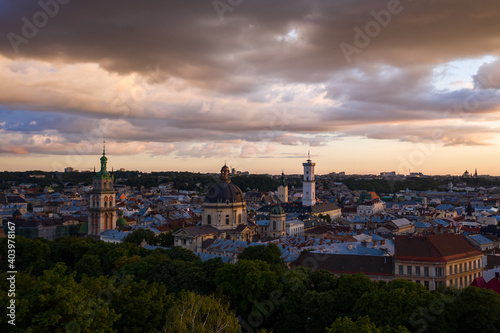  Aerial view on Dominican Church and Dormition Church in Lviv, Ukraine from drone