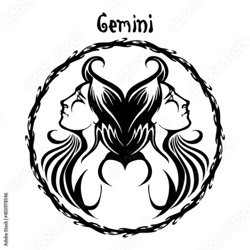 Gemini zodiac sign design form illustration doodle drawing tattoo and  freehand typography style vector with white background 