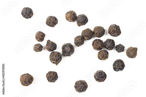 black peppercorns with a visible texture on a white background