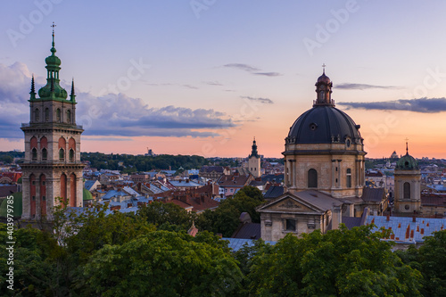 Aerial view on Dominican Church and Dormition Church in Lviv, Ukraine from drone