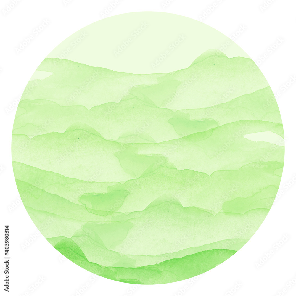 Green spot, circle watercolor.
Abstract watercolor stain, blot. green color on white isolated background. Round shape, for the logo, for your design, postcards and other things. Green watercolor.Round