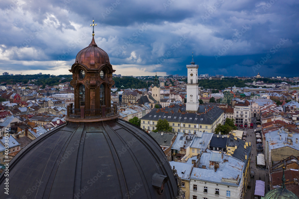 Aerial view on Dominican Church in Lviv, Ukraine from drone