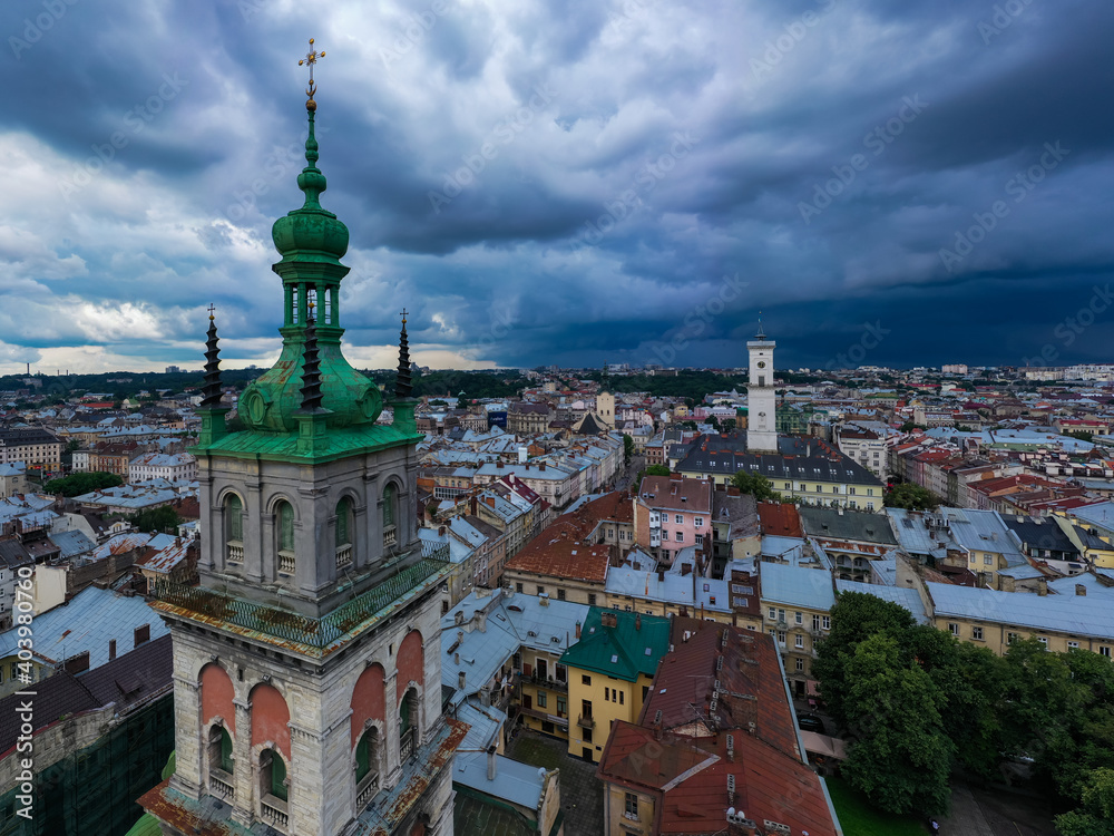  Aerial view on Dormition Church in Lviv, Ukraine from drone