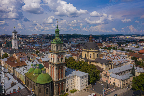 Aerial view on Dominican Church and Dormition Church in Lviv  Ukraine from drone