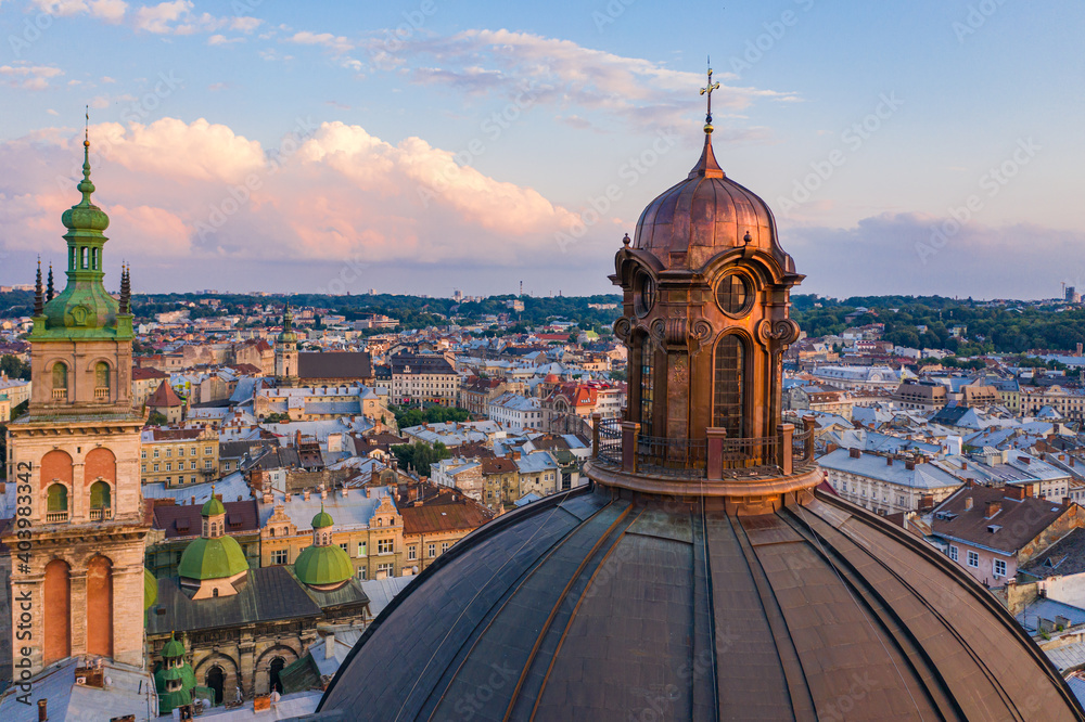 Obraz premium Aerial view on Dominican Church in Lviv, Ukraine from drone