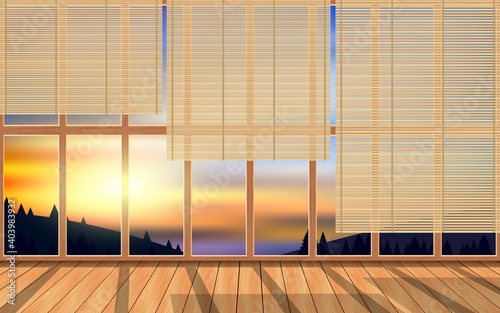 bamboo curtain on the wooden windows in the wooden house on the mountain in the morning