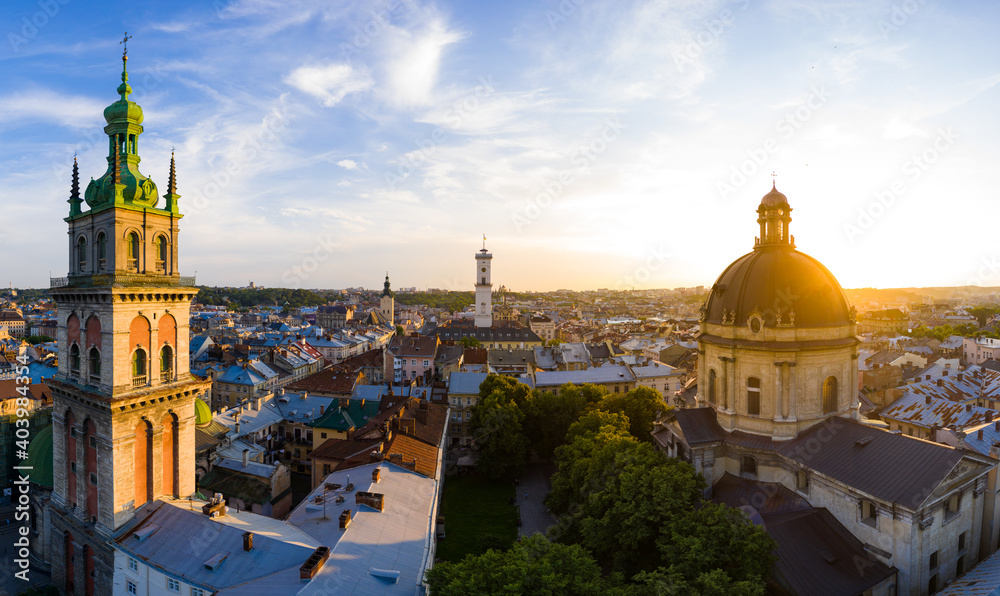 Obraz premium Aerial view on Dominican Church and Dormition Church in Lviv, Ukraine from drone