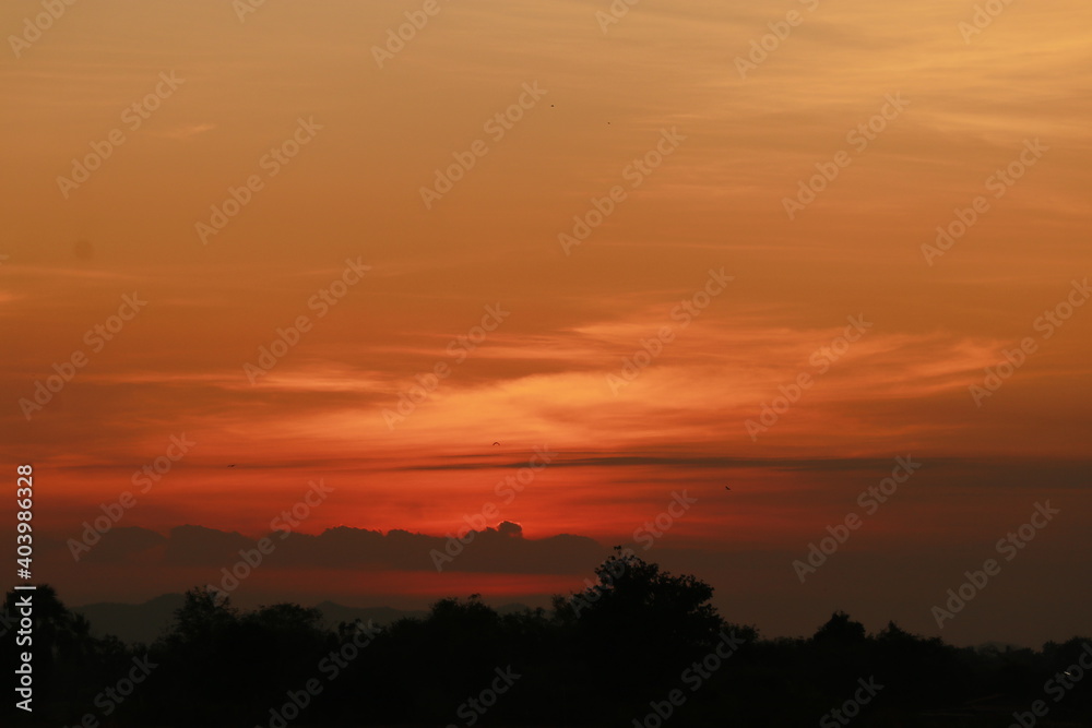 Golden light of Sunrise and silhouette in the morning Golden light of Sunrise and silhouette in the morning