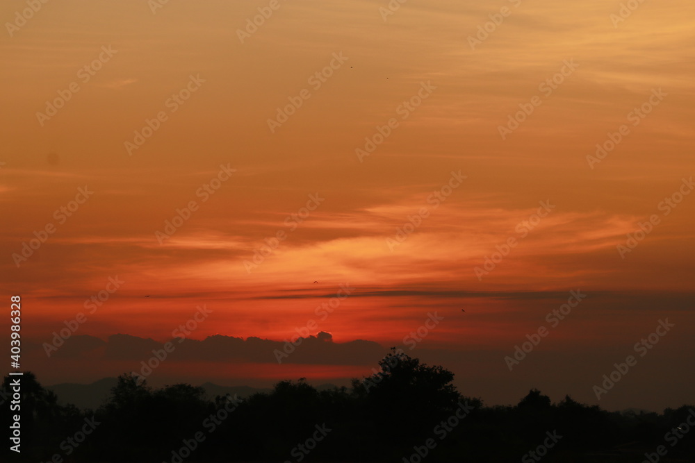 Golden light of Sunrise and silhouette in the morning