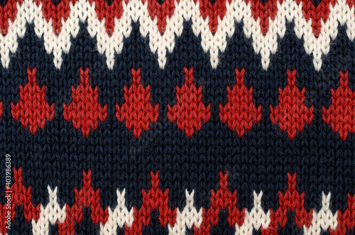 Wool hand knit pattern. Colored wool knitting texture background. Knitted wool sweater