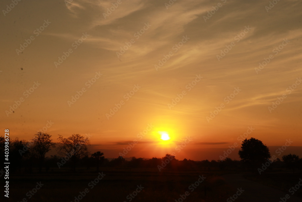 Golden light of Sunrise and silhouette in the morning