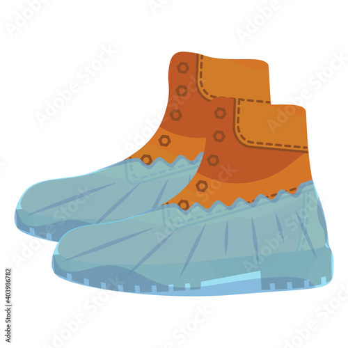 Military brown boots with polyethylene covering. Blue shoe cover. Protective medical covers. Military boots in realistic style. Medical personal protective equipment. Vector