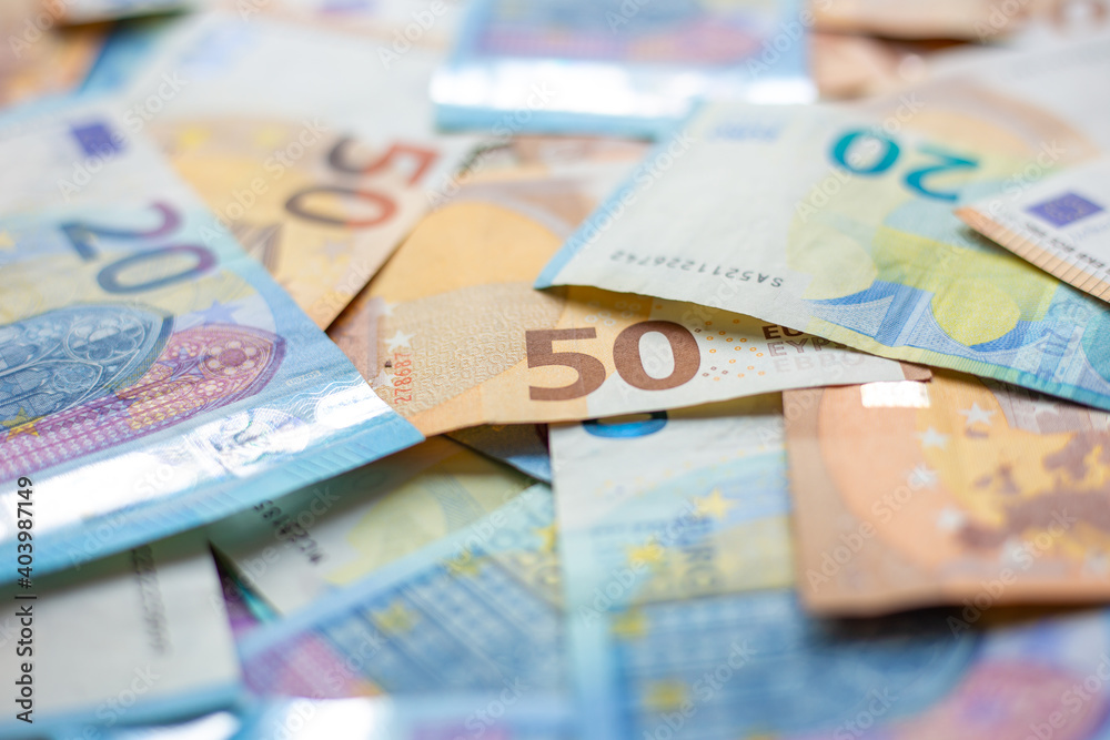 Euro money various value 20 50 100 euro background selective focus