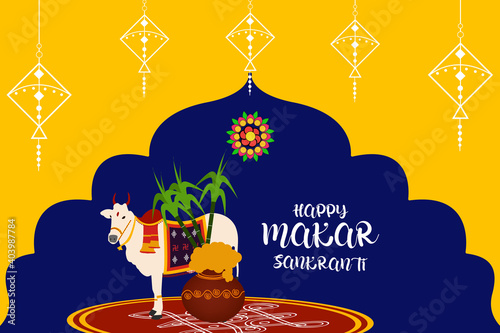 illustration of Happy makar sankranti Holiday Harvest Festival of Andhra Pradesh telangana greeting colorful background with pongal pot, ox, sugar canes decorated with kites vector.  

