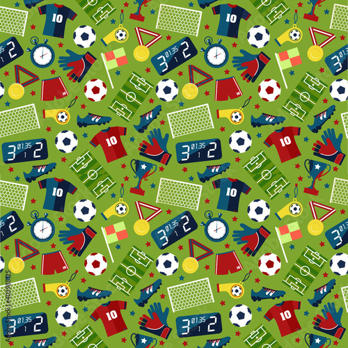 Vector flat seamless texture pattern sport soccer on green background .