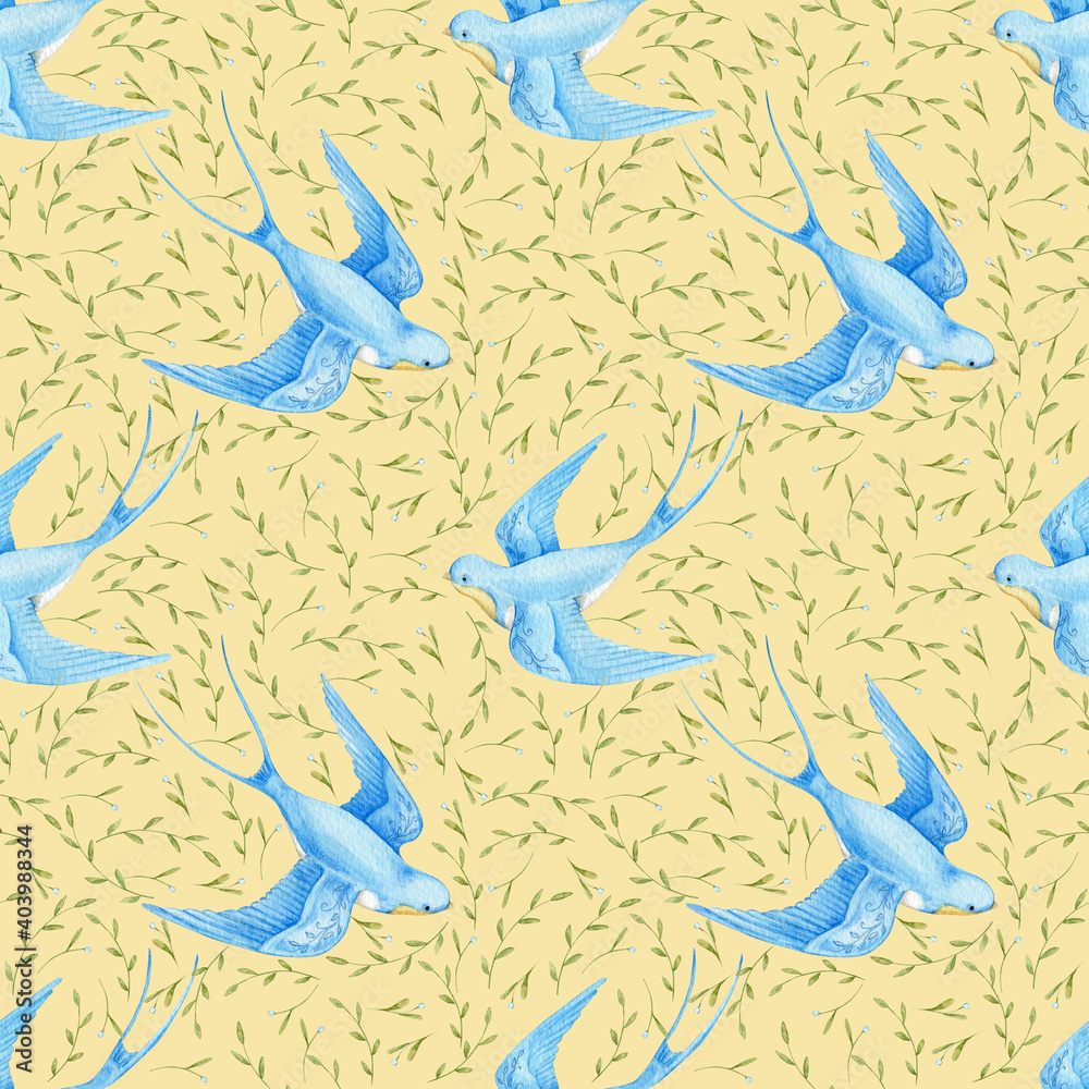 Obraz premium Watercolor seamless pattern swallow background. Flying bird cartoon.