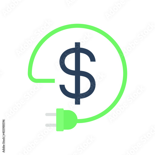 Flat Design Style Eco energy cost save money icon. Energy reduction cost Dollar Power Efficiency. Adapter cable charger  dollar for green economy. vector illustration design on white background EPS 10