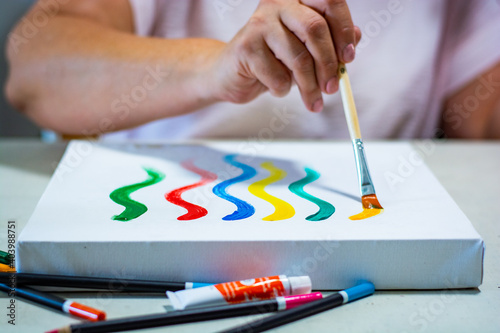 Close-up of painter panting with paintbrush on canvas © uplightpictures